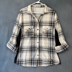 Plaid Flannel Button Up Shirt Beige Black Check 1X Plus Size Preppy Skate Casual